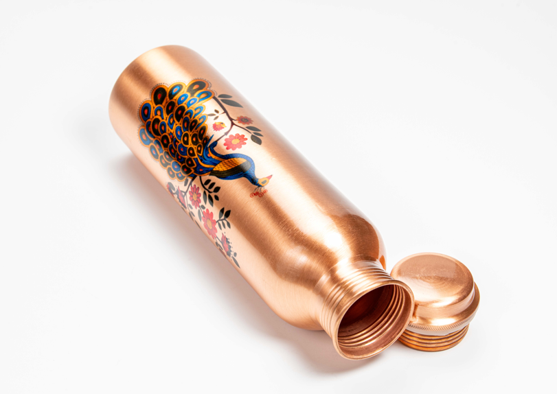 Peacock Pure Copper Water Bottle – 32 oz Handcrafted Ayurvedic Drinkware USA