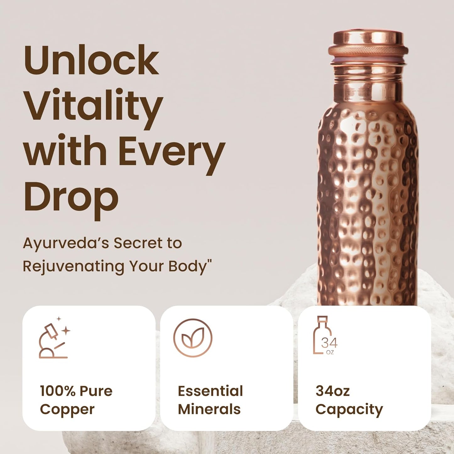 Hammered Pure Copper Water Bottle – 100% Handcrafted Ayurvedic Drinkware USA - Vessel Veda