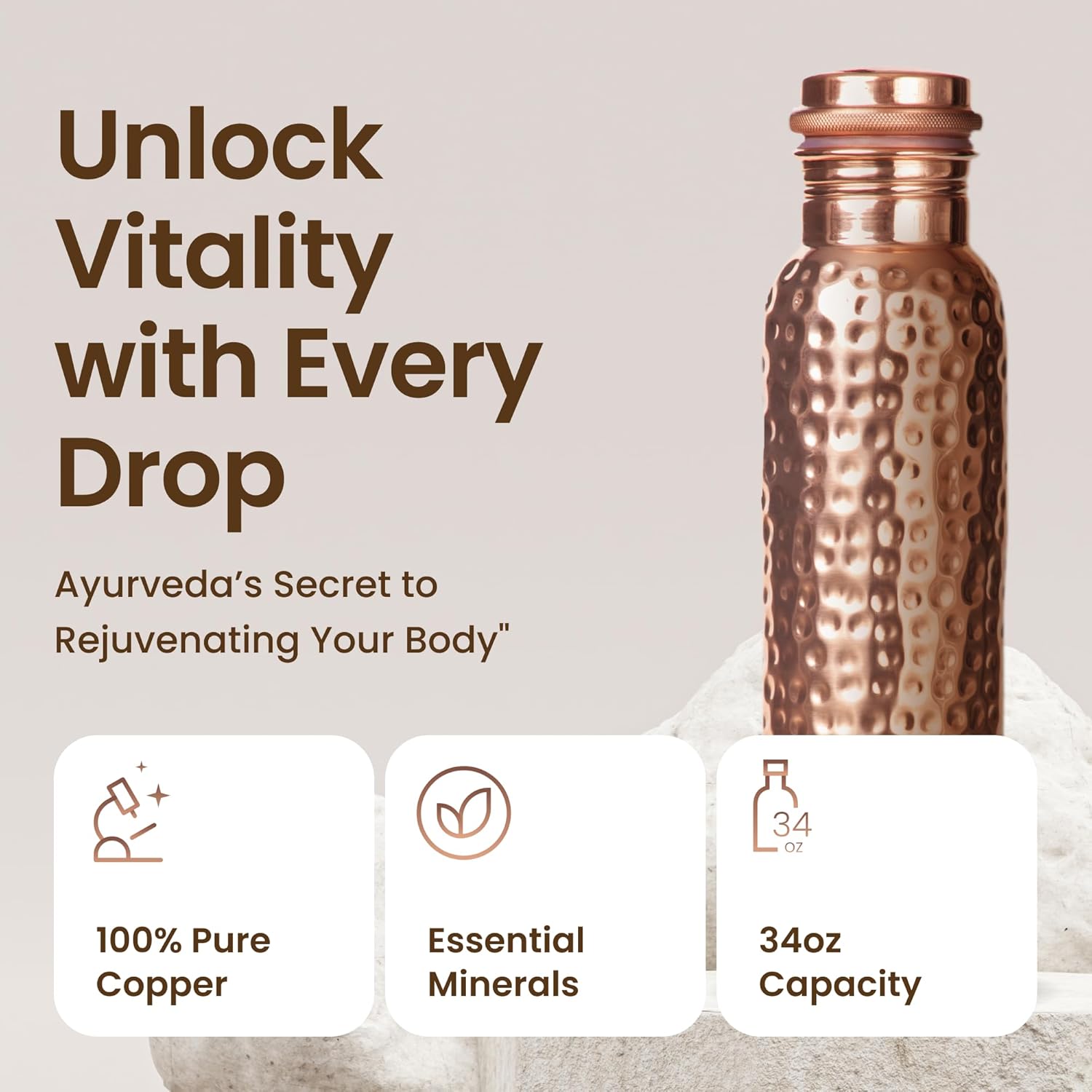 Hammered Pure Copper Water Bottle – 100% Handcrafted Ayurvedic Drinkware USA - Vessel Veda