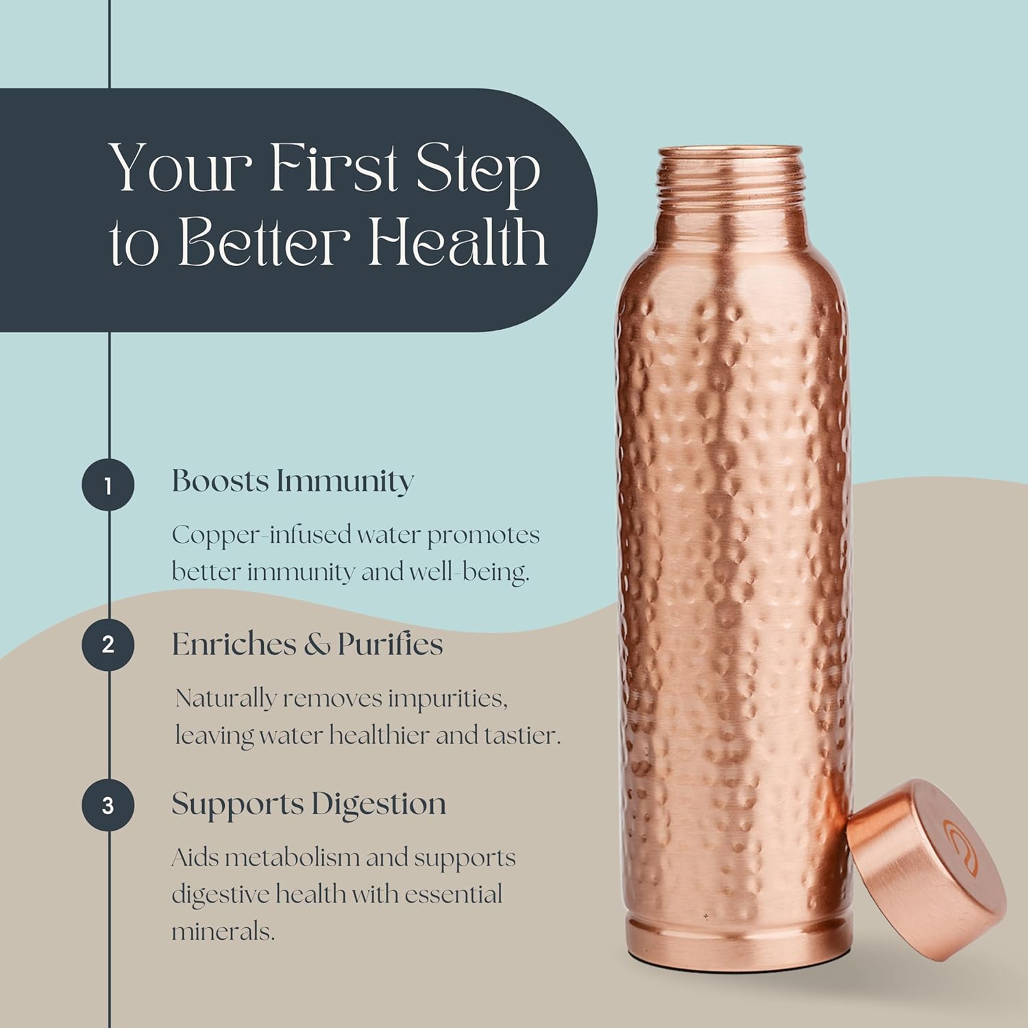 Hammered Pure Copper Water Bottle – 100% Handcrafted Ayurvedic Drinkware USA - Vessel Veda